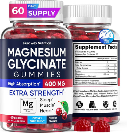 Magnesium Glycinate Gummies 400mg, High Absorption Magnesium Supplement for Women, Men and Kids, Muscle Support and Relaxation, Sugar Free, Vegan, 60 Days Supply