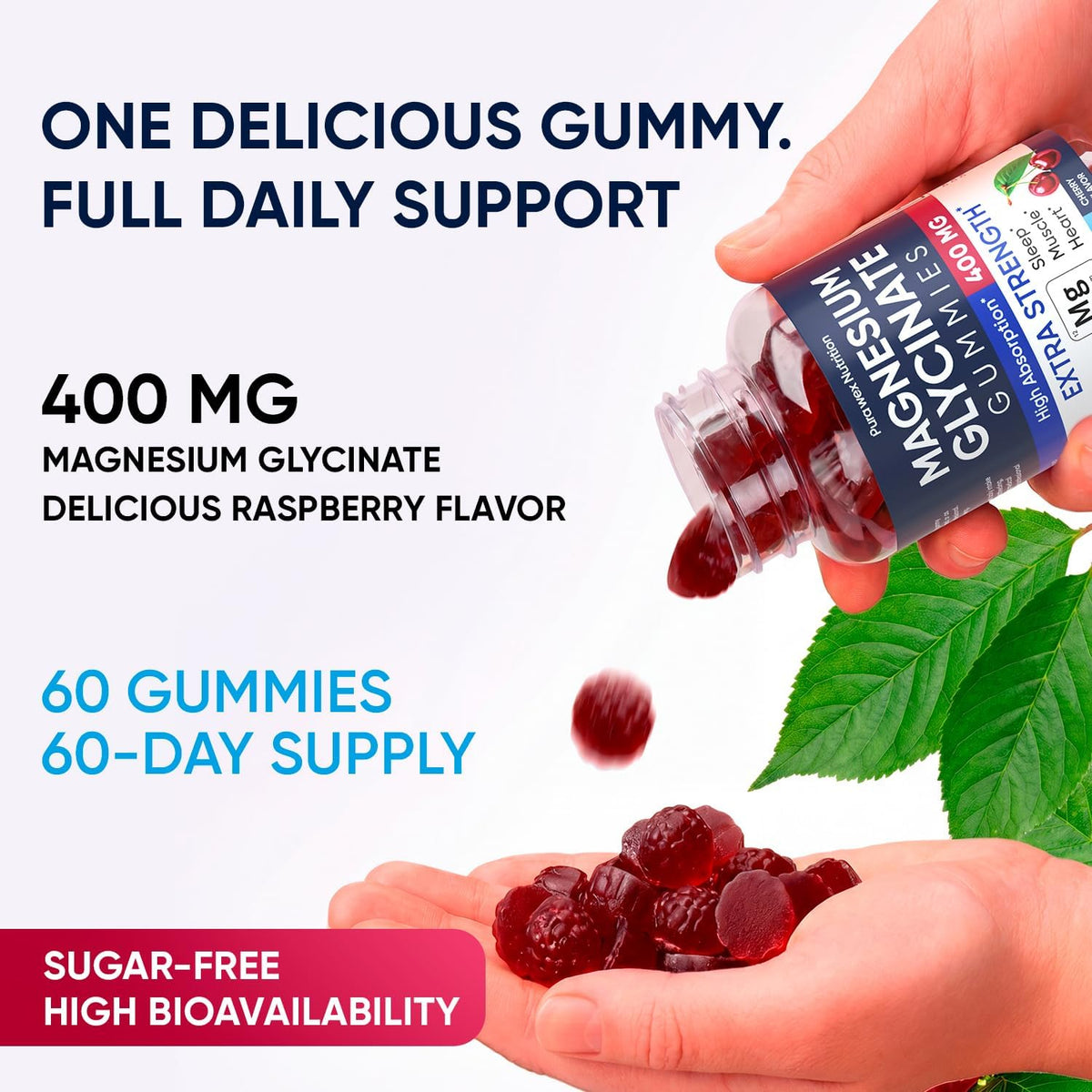 Magnesium Glycinate Gummies 400mg, High Absorption Magnesium Supplement for Women, Men and Kids, Muscle Support and Relaxation, Sugar Free, Vegan, 60 Days Supply