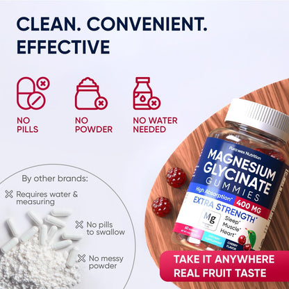 Magnesium Glycinate Gummies 400mg, High Absorption Magnesium Supplement for Women, Men and Kids, Muscle Support and Relaxation, Sugar Free, Vegan, 60 Days Supply