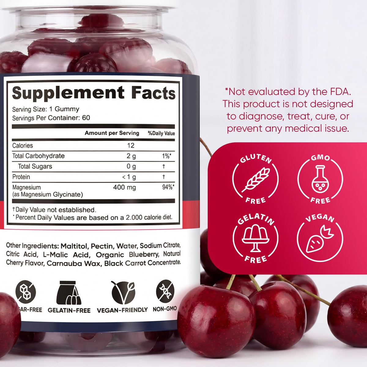 Magnesium Glycinate Gummies 400mg, High Absorption Magnesium Supplement for Women, Men and Kids, Muscle Support and Relaxation, Sugar Free, Vegan, 60 Days Supply