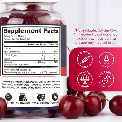 Magnesium Glycinate Gummies 400mg, High Absorption Magnesium Supplement for Women, Men and Kids, Muscle Support and Relaxation, Sugar Free, Vegan, 60 Days Supply