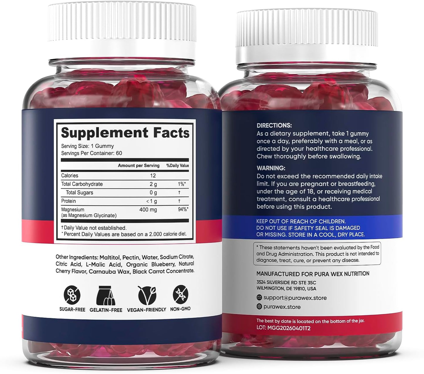 Magnesium Glycinate Gummies 400mg, High Absorption Magnesium Supplement for Women, Men and Kids, Muscle Support and Relaxation, Sugar Free, Vegan, 60 Days Supply