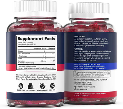 Magnesium Glycinate Gummies 400mg, High Absorption Magnesium Supplement for Women, Men and Kids, Muscle Support and Relaxation, Sugar Free, Vegan, 60 Days Supply