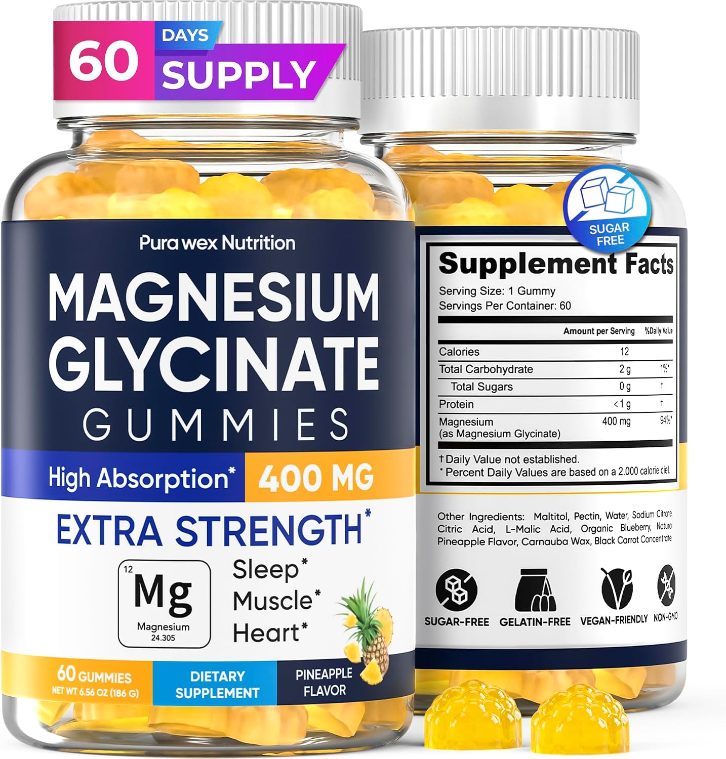 Magnesium Glycinate Gummies 400mg, High Absorption Magnesium Supplement for Women, Men and Kids, Muscle Support and Relaxation, Sugar Free, Vegan, 60 Days Supply