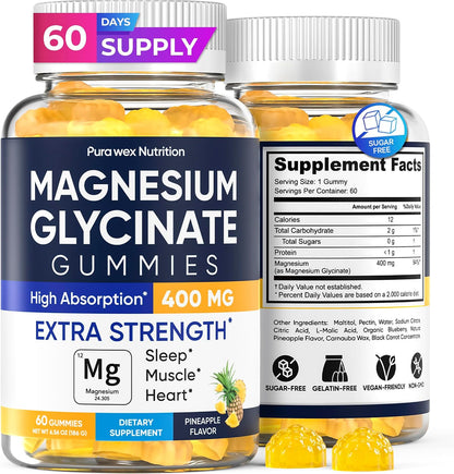 Magnesium Glycinate Gummies 400mg, High Absorption Magnesium Supplement for Women, Men and Kids, Muscle Support and Relaxation, Sugar Free, Vegan, 60 Days Supply