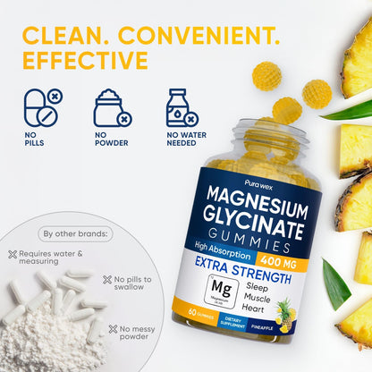 Magnesium Glycinate Gummies 400mg, High Absorption Magnesium Supplement for Women, Men and Kids, Muscle Support and Relaxation, Sugar Free, Vegan, 60 Days Supply
