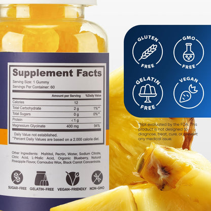 Magnesium Glycinate Gummies 400mg, High Absorption Magnesium Supplement for Women, Men and Kids, Muscle Support and Relaxation, Sugar Free, Vegan, 60 Days Supply