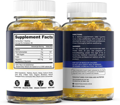 Magnesium Glycinate Gummies 400mg, High Absorption Magnesium Supplement for Women, Men and Kids, Muscle Support and Relaxation, Sugar Free, Vegan, 60 Days Supply