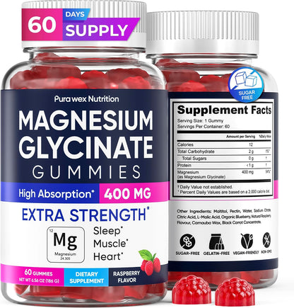 Magnesium Glycinate Gummies 400mg, High Absorption Magnesium Supplement for Women, Men and Kids, Muscle Support and Relaxation, Sugar Free, Vegan, 60 Days Supply
