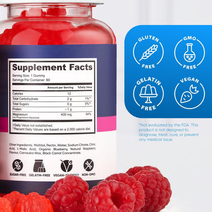 Magnesium Glycinate Gummies 400mg, High Absorption Magnesium Supplement for Women, Men and Kids, Muscle Support and Relaxation, Sugar Free, Vegan, 60 Days Supply
