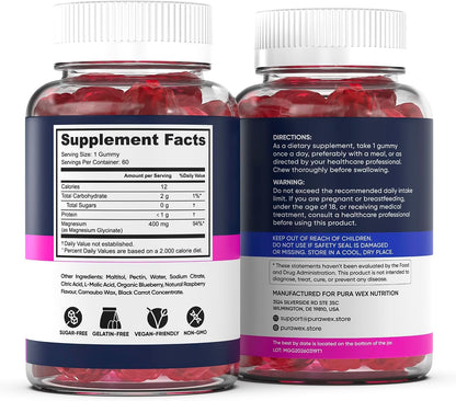 Magnesium Glycinate Gummies 400mg, High Absorption Magnesium Supplement for Women, Men and Kids, Muscle Support and Relaxation, Sugar Free, Vegan, 60 Days Supply