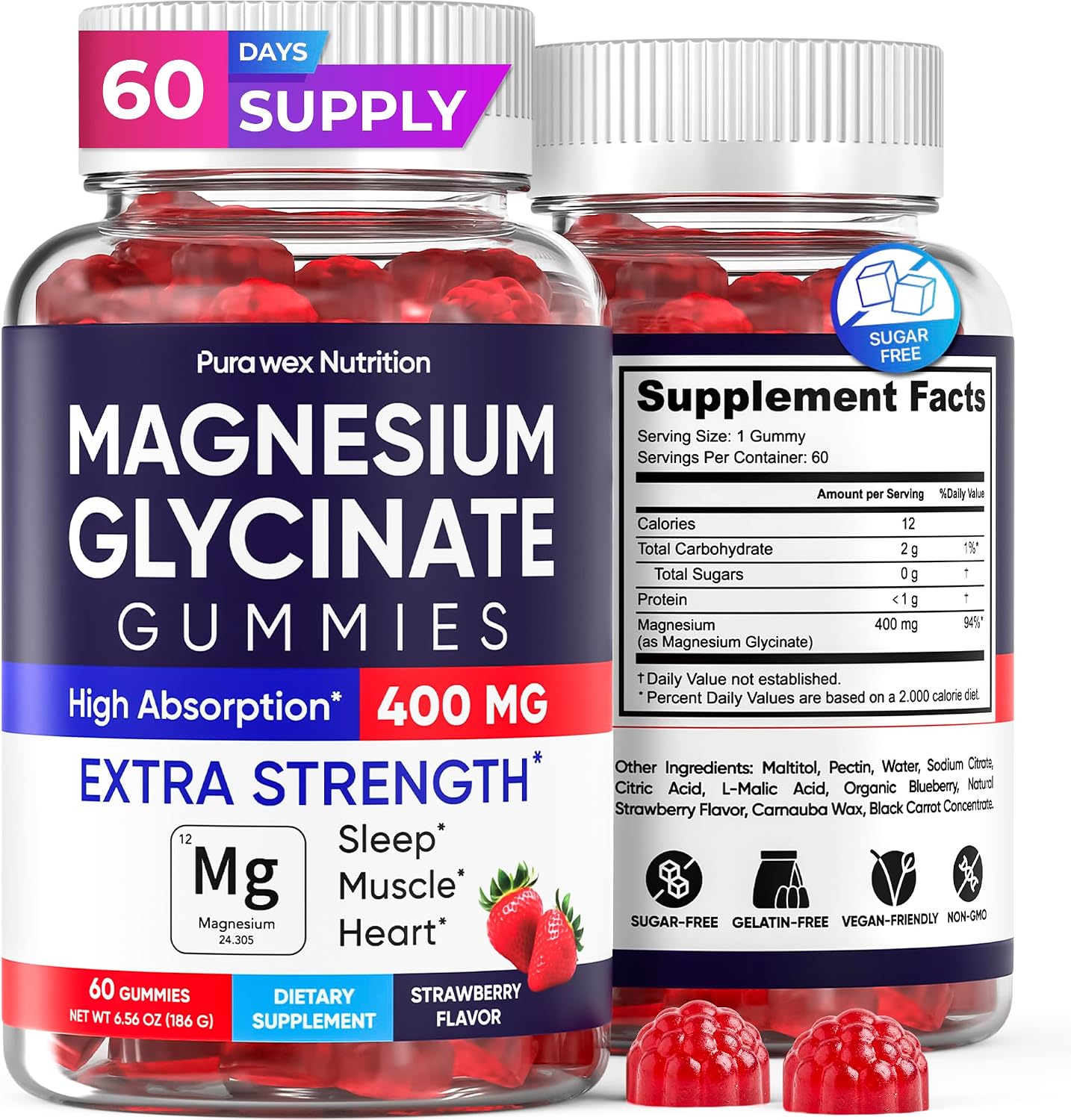 Magnesium Glycinate Gummies 400mg, High Absorption Magnesium Supplement for Women, Men and Kids, Muscle Support and Relaxation, Sugar Free, Vegan, 60 Days Supply