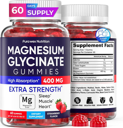 Magnesium Glycinate Gummies 400mg, High Absorption Magnesium Supplement for Women, Men and Kids, Muscle Support and Relaxation, Sugar Free, Vegan, 60 Days Supply