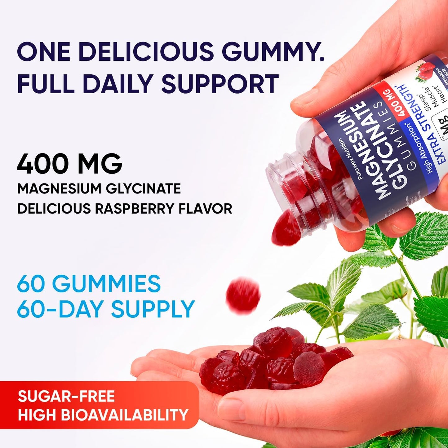 Magnesium Glycinate Gummies 400mg, High Absorption Magnesium Supplement for Women, Men and Kids, Muscle Support and Relaxation, Sugar Free, Vegan, 60 Days Supply