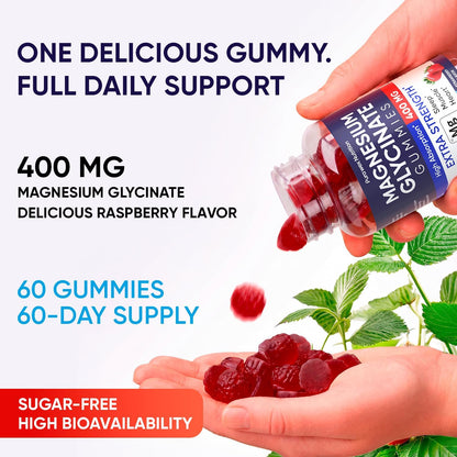 Magnesium Glycinate Gummies 400mg, High Absorption Magnesium Supplement for Women, Men and Kids, Muscle Support and Relaxation, Sugar Free, Vegan, 60 Days Supply