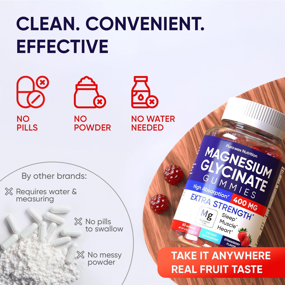 Magnesium Glycinate Gummies 400mg, High Absorption Magnesium Supplement for Women, Men and Kids, Muscle Support and Relaxation, Sugar Free, Vegan, 60 Days Supply