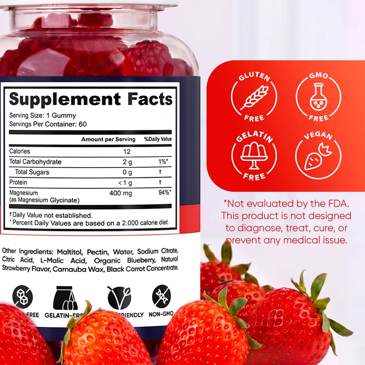 Magnesium Glycinate Gummies 400mg, High Absorption Magnesium Supplement for Women, Men and Kids, Muscle Support and Relaxation, Sugar Free, Vegan, 60 Days Supply