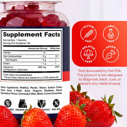Magnesium Glycinate Gummies 400mg, High Absorption Magnesium Supplement for Women, Men and Kids, Muscle Support and Relaxation, Sugar Free, Vegan, 60 Days Supply