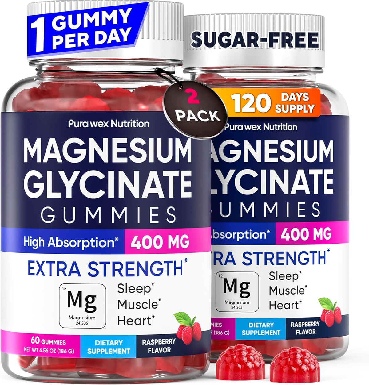 Magnesium Glycinate Gummies 400mg, High Absorption Magnesium Supplement for Women, Men and Kids, Muscle Support and Relaxation, Sugar Free, Vegan, 60 Days Supply