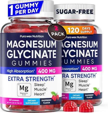 Magnesium Glycinate Gummies 400mg, High Absorption Magnesium Supplement for Women, Men and Kids, Muscle Support and Relaxation, Sugar Free, Vegan, 60 Days Supply