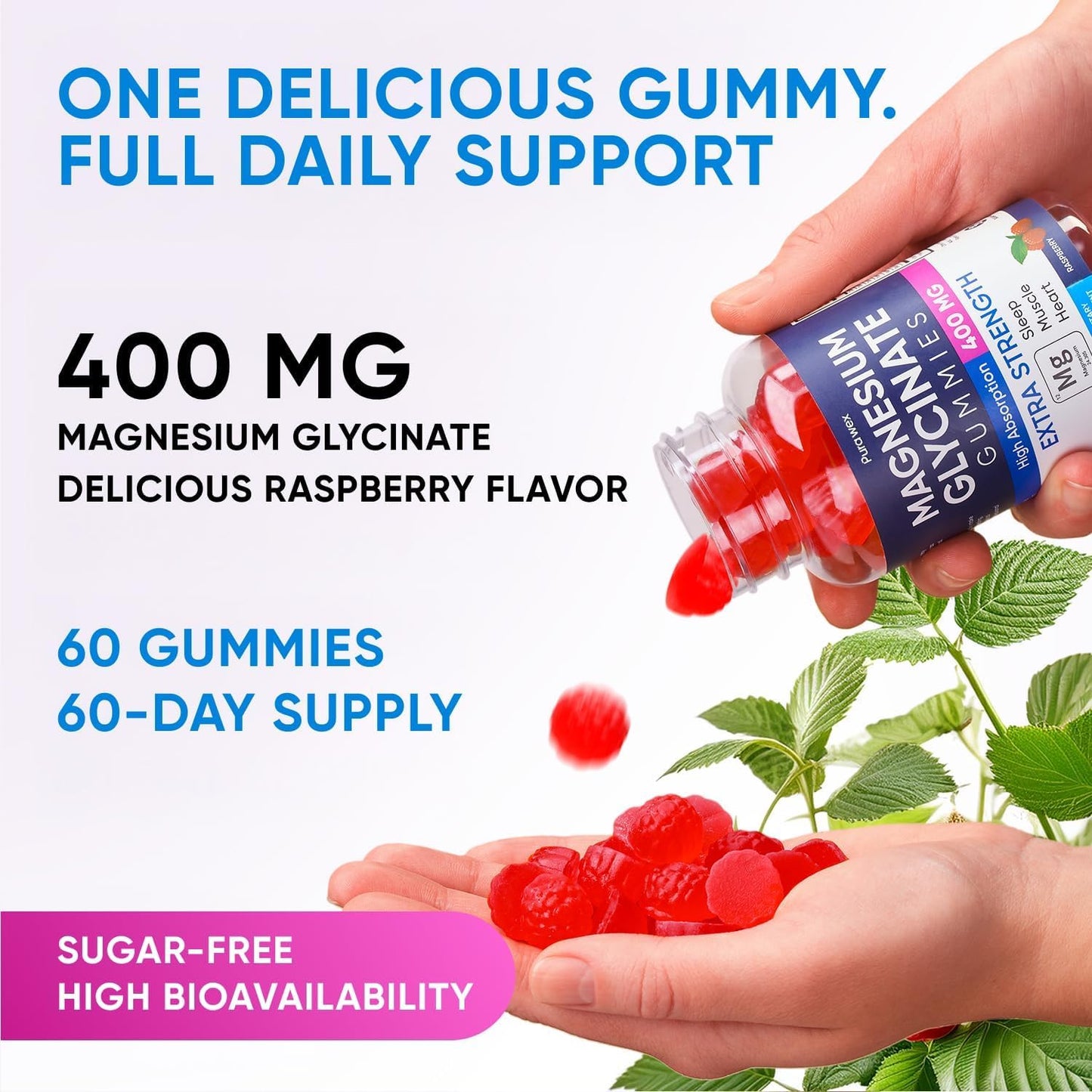Magnesium Glycinate Gummies 400mg, High Absorption Magnesium Supplement for Women, Men and Kids, Muscle Support and Relaxation, Sugar Free, Vegan, 60 Days Supply