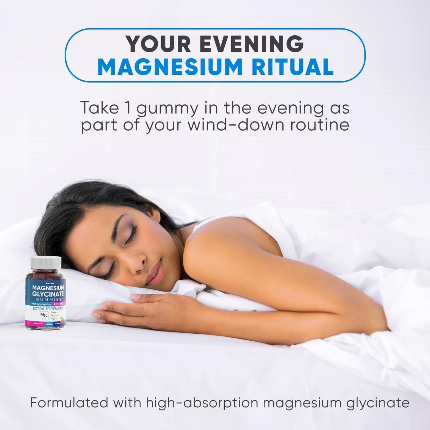 Magnesium Glycinate Gummies 400mg, High Absorption Magnesium Supplement for Women, Men and Kids, Muscle Support and Relaxation, Sugar Free, Vegan, 60 Days Supply