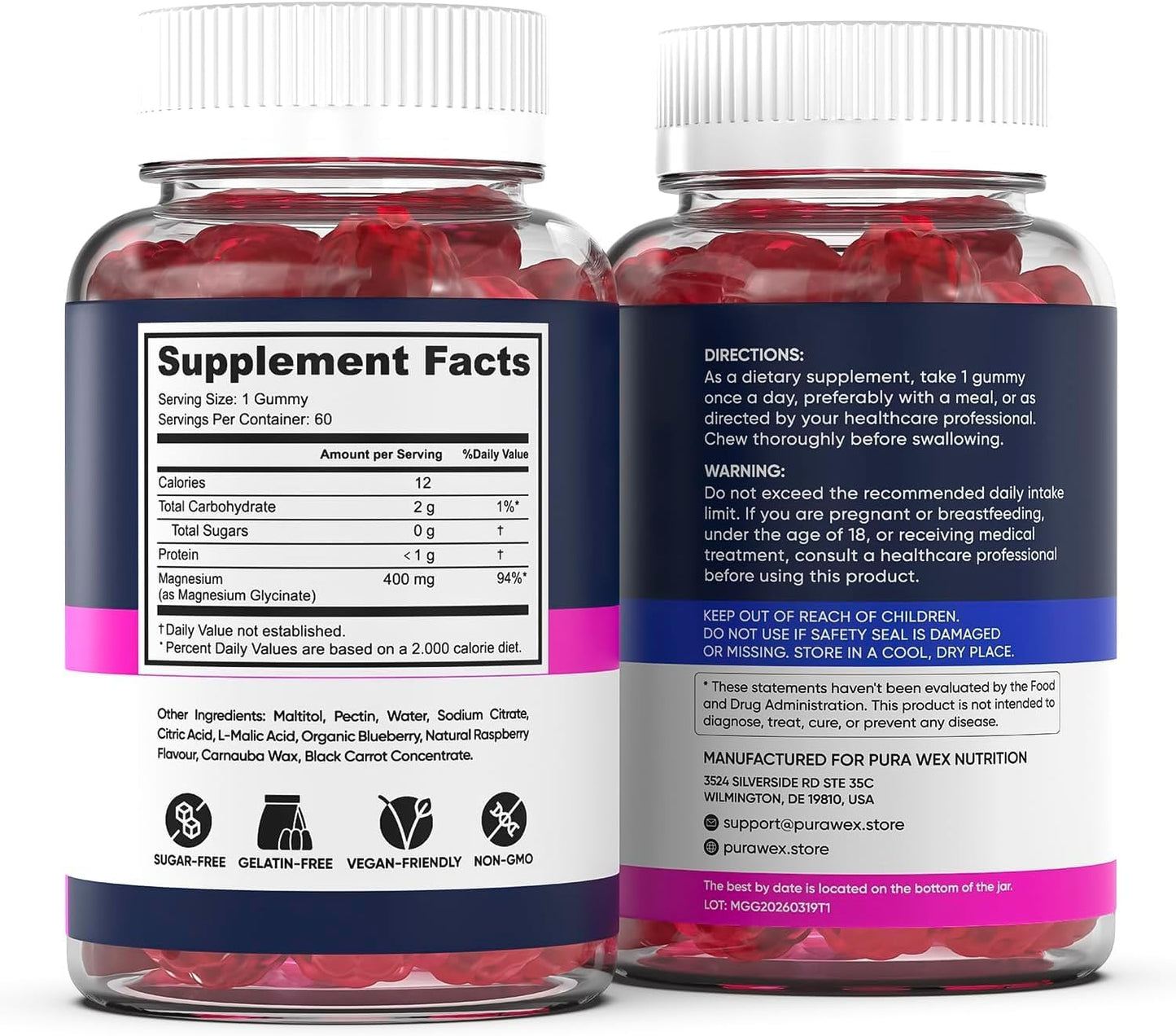 Magnesium Glycinate Gummies 400mg, High Absorption Magnesium Supplement for Women, Men and Kids, Muscle Support and Relaxation, Sugar Free, Vegan, 60 Days Supply
