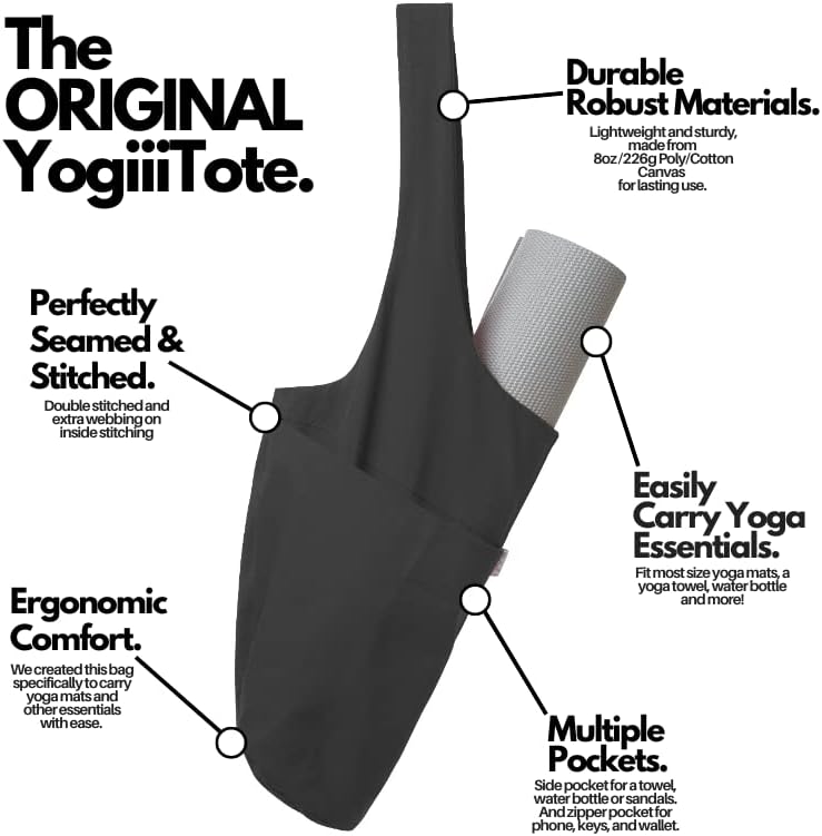 Yoga Mat Bag | The ORIGINAL YogiiiTote | Yoga Mat Carrier Tote Sling w/Large Side Pocket & Zipper Pocket | Fits Most Size Mats
