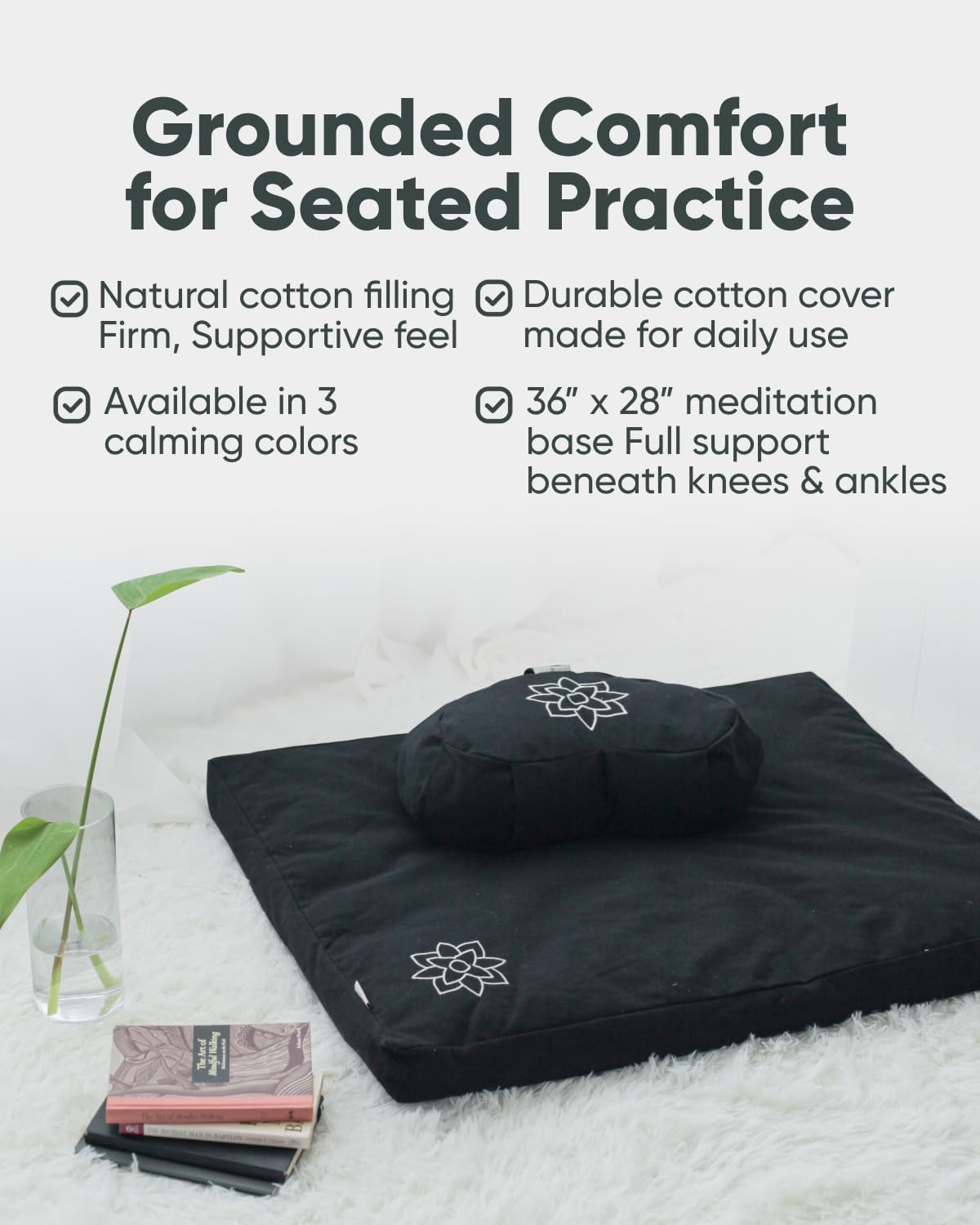 Zabuton Meditation Mat - Cotton Filled Yoga and Meditation Pad - Zabuton Meditation Cushion for Kneeling and Sitting Support - Large Rectangular Sitting Floor Pillow for Bench or Zafu