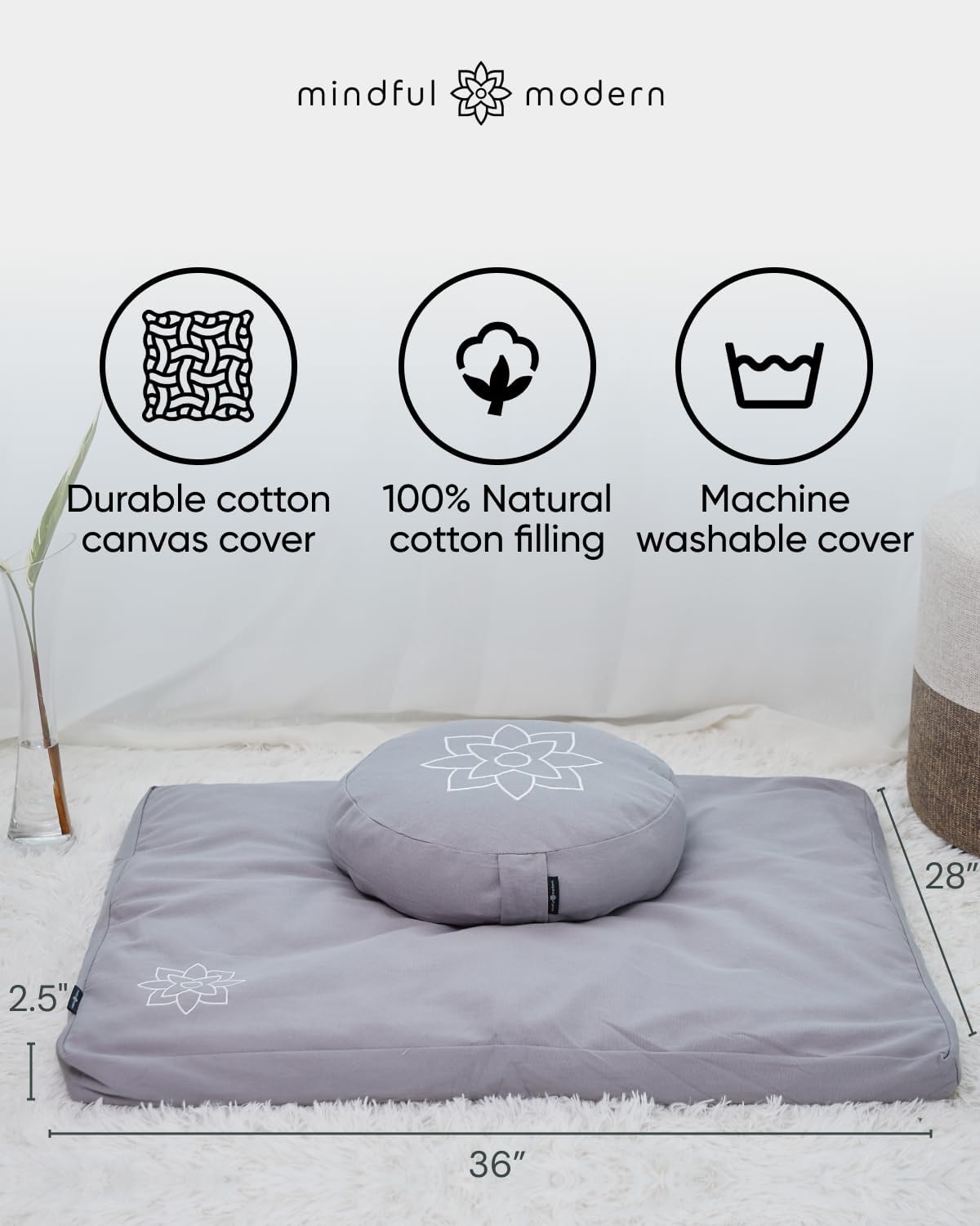 Zabuton Meditation Mat - Cotton Filled Yoga and Meditation Pad - Zabuton Meditation Cushion for Kneeling and Sitting Support - Large Rectangular Sitting Floor Pillow for Bench or Zafu