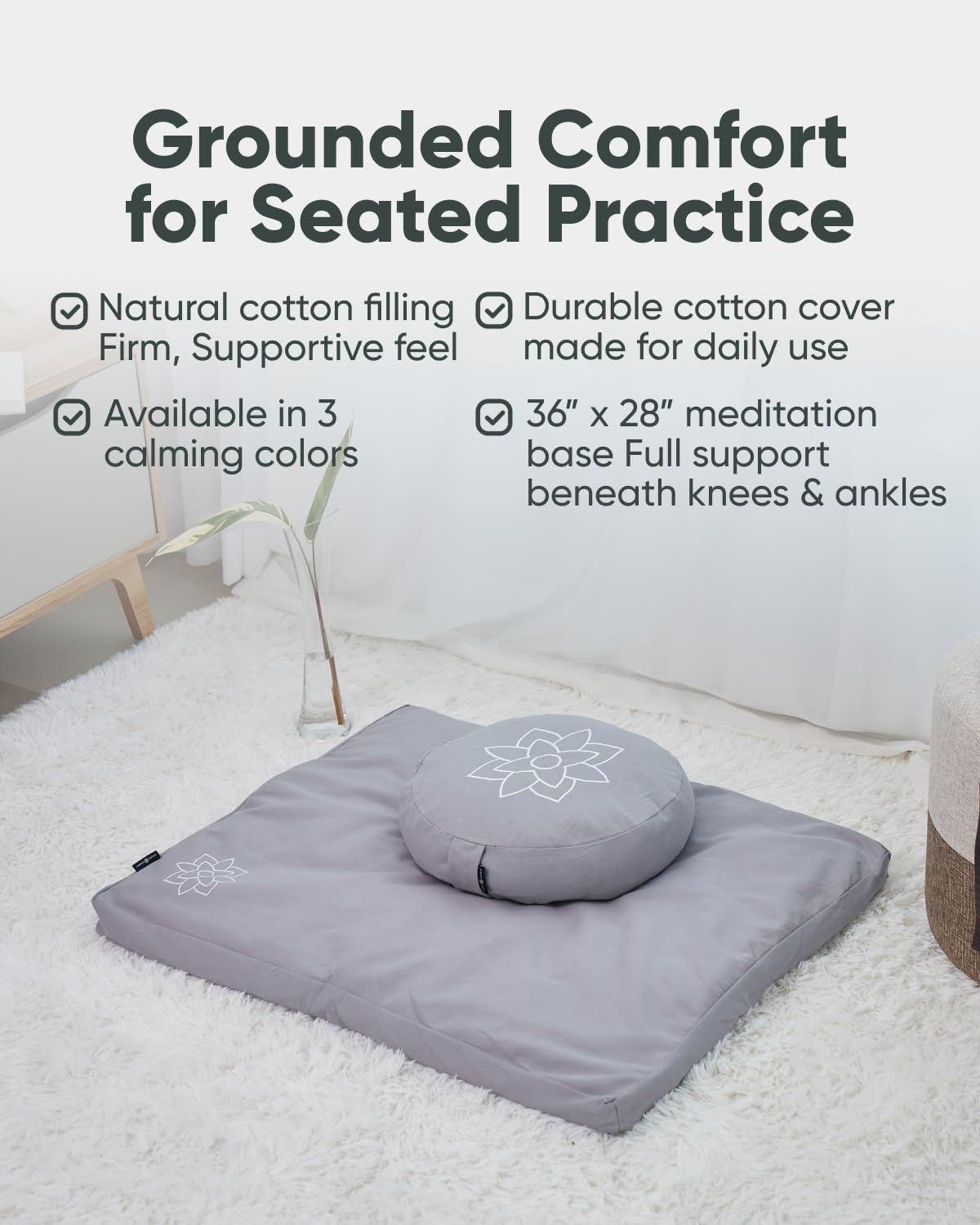 Zabuton Meditation Mat - Cotton Filled Yoga and Meditation Pad - Zabuton Meditation Cushion for Kneeling and Sitting Support - Large Rectangular Sitting Floor Pillow for Bench or Zafu