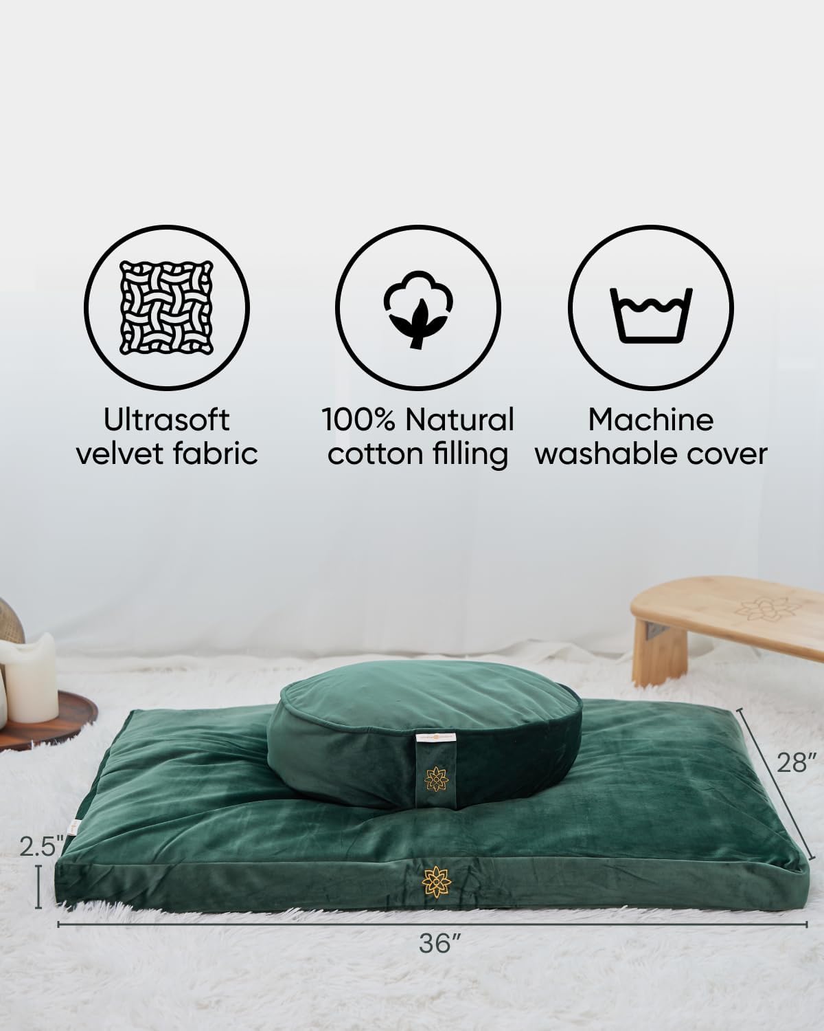 Zabuton Meditation Mat - Cotton Filled Yoga and Meditation Pad - Zabuton Meditation Cushion for Kneeling and Sitting Support - Large Rectangular Sitting Floor Pillow for Bench or Zafu