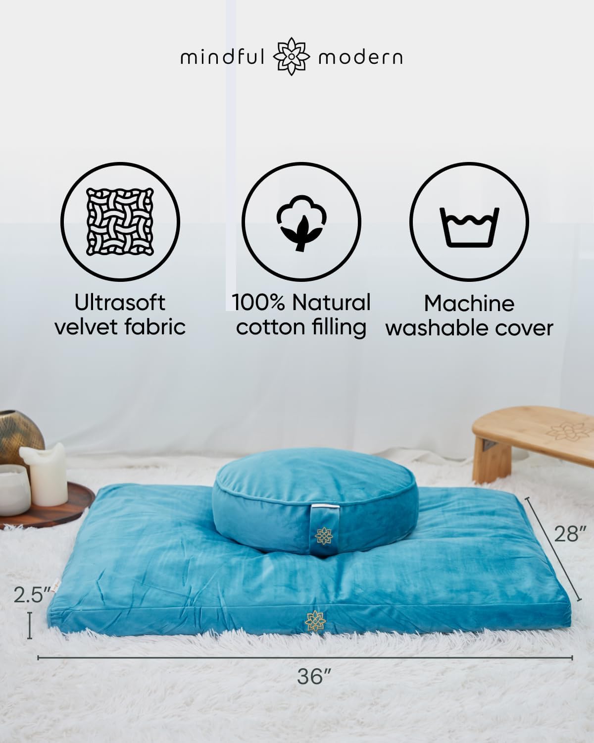 Zabuton Meditation Mat - Cotton Filled Yoga and Meditation Pad - Zabuton Meditation Cushion for Kneeling and Sitting Support - Large Rectangular Sitting Floor Pillow for Bench or Zafu
