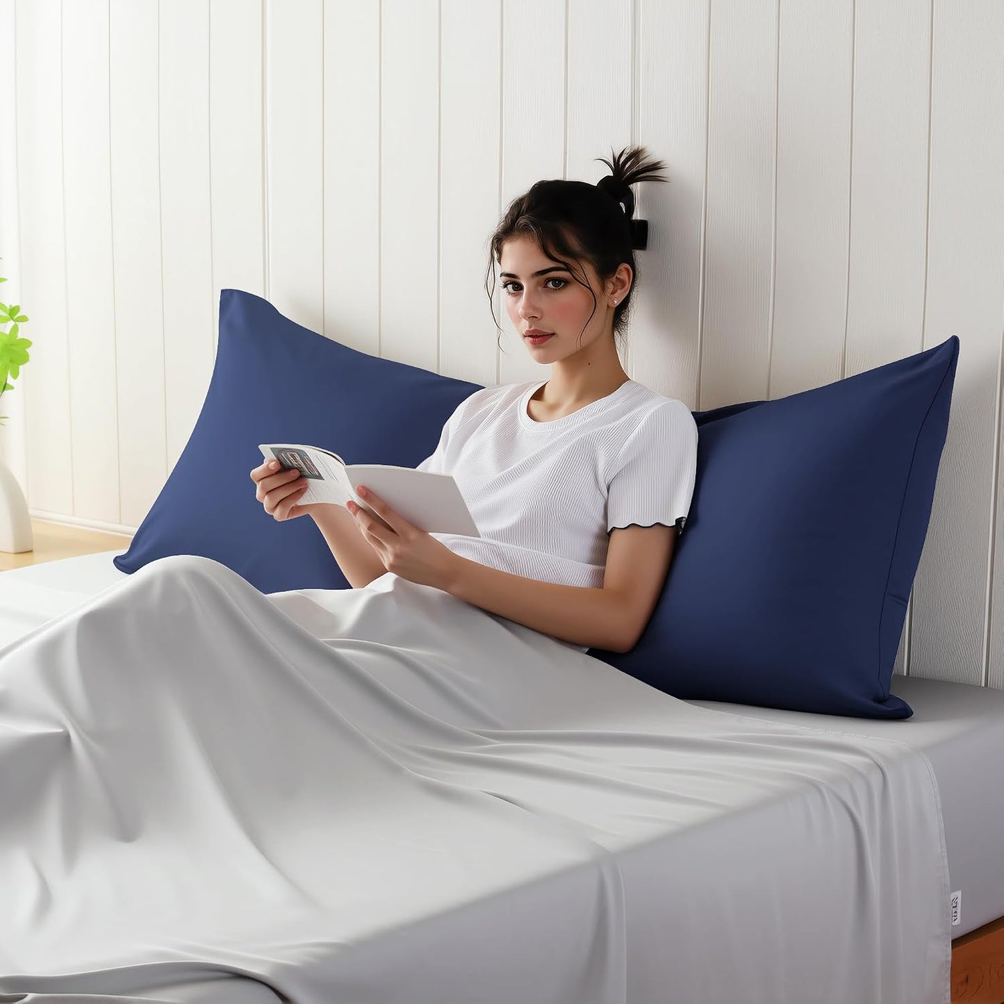 King Size Bamboo Viscose Zippered Pillowcases, 2 Pack, Navy Blue