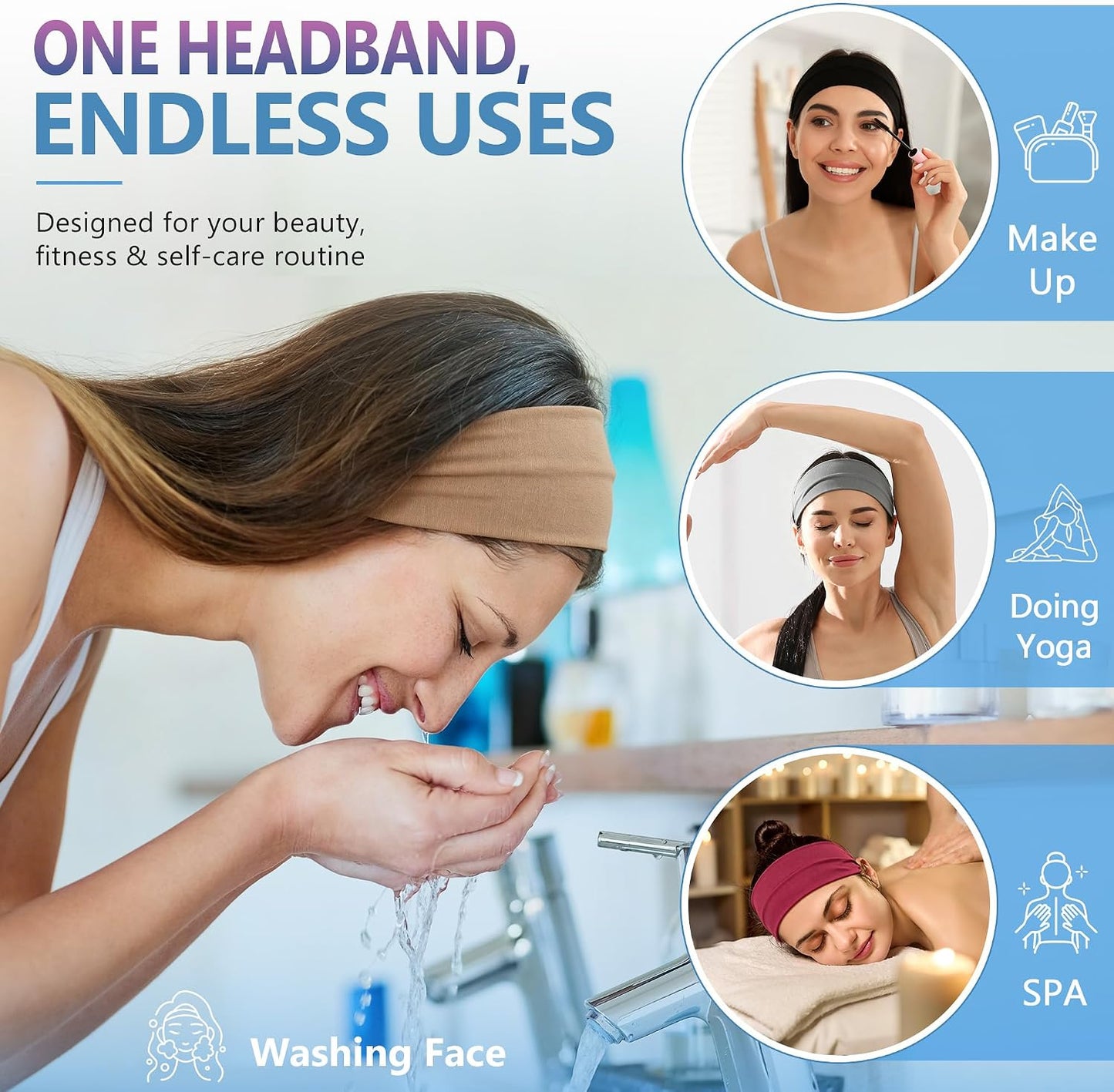 Headbands for Women – 8 Pack Wide Elastic Hair Bands, Soft Stretchy Non-Slip Sweatbands for Workouts, Yoga, Washing Face & Daily Wear