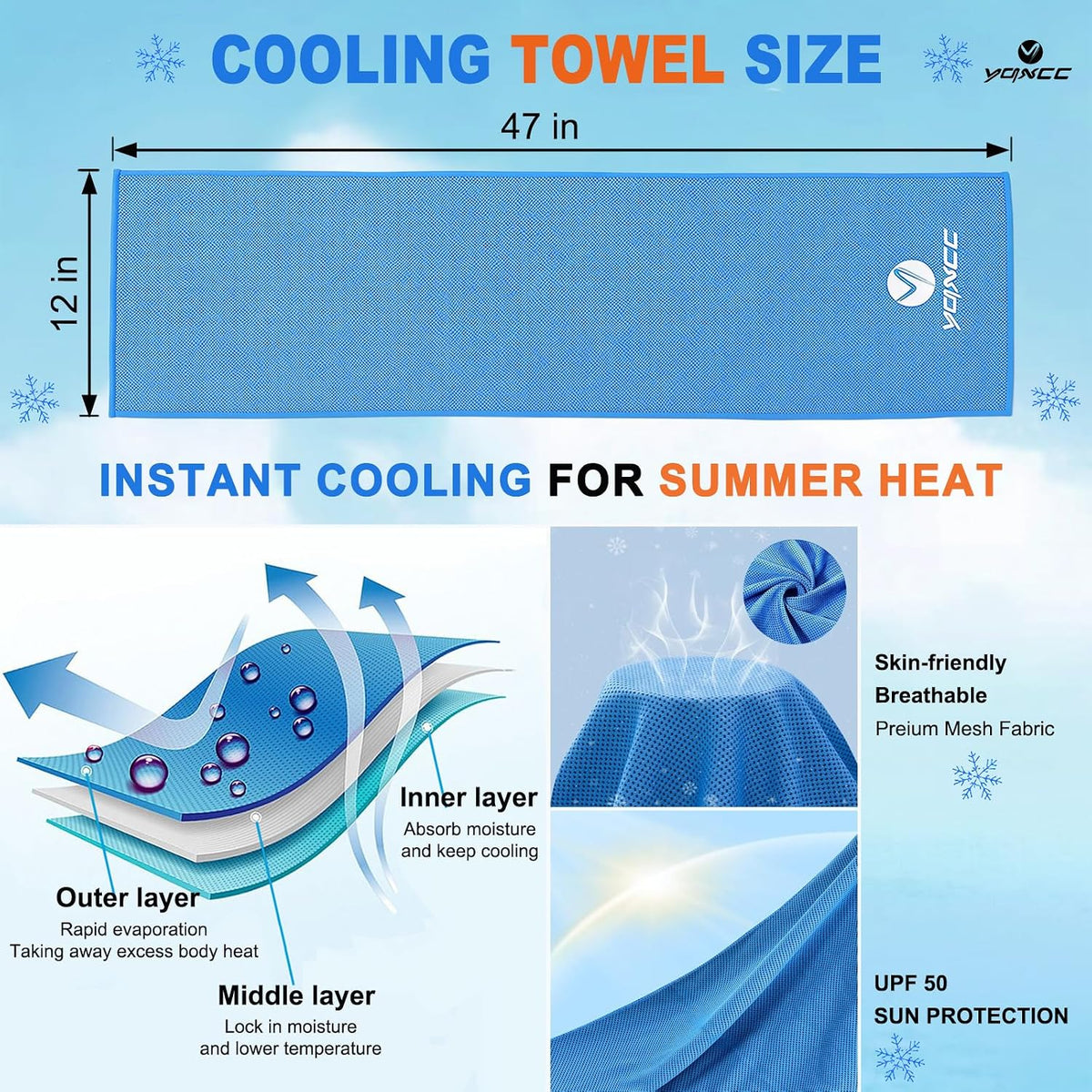 4 Pack Cooling Towels (47"x12"), Ice Cool Towels for Neck & Face
