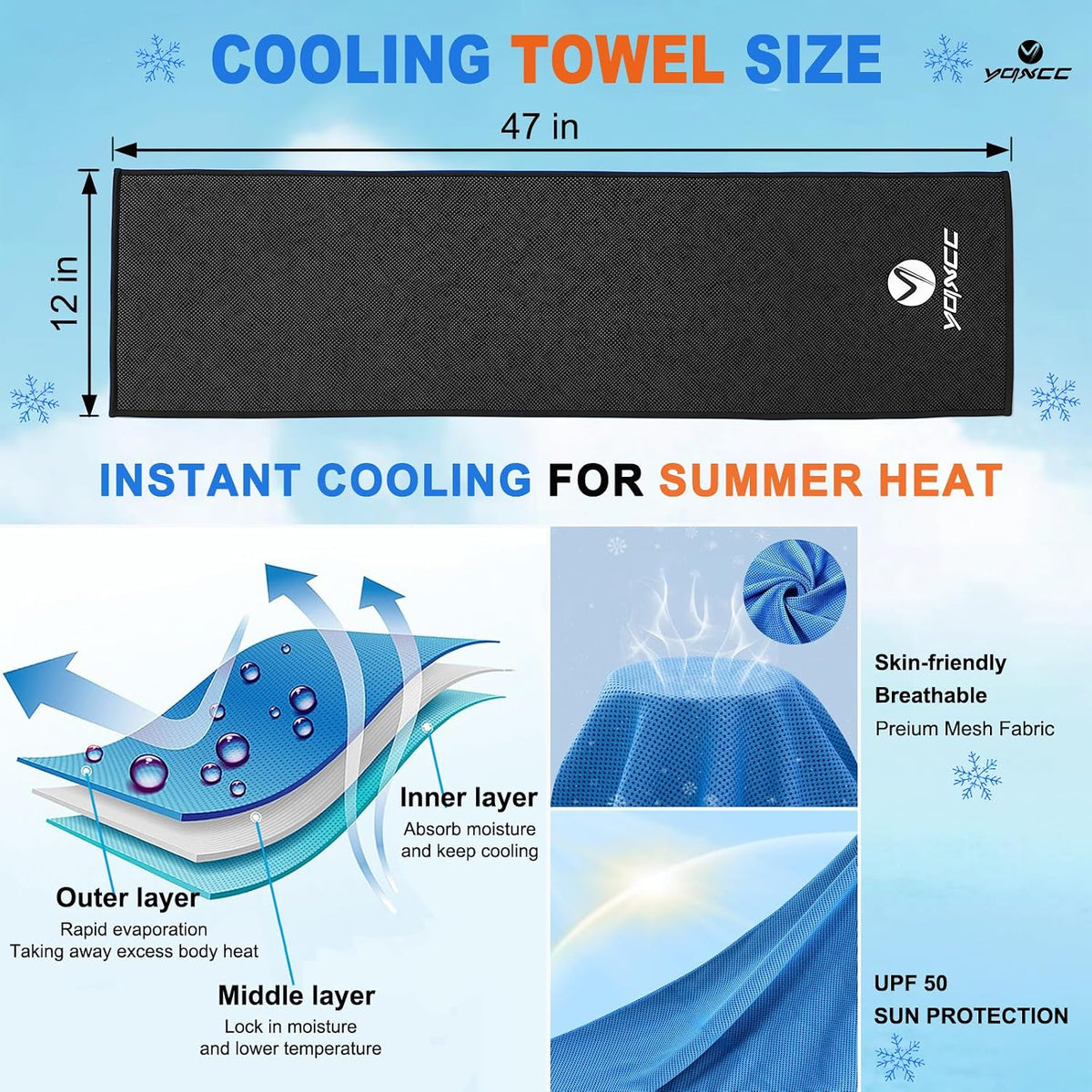 4 Pack Cooling Towels (47"x12"), Ice Cool Towels for Neck & Face