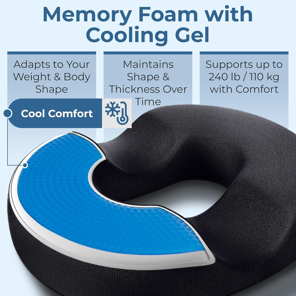 Donut Pillow for Tailbone Pain & Hemorrhoids – Large Memory Foam Seat Cushion for Bed Sore-Prone Areas & Pressure Relief – Prostate, Postpartum & Pregnancy Support, Black Mesh Cover