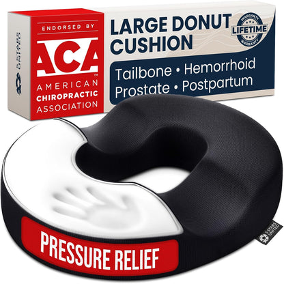 Donut Pillow for Tailbone Pain & Hemorrhoids – Large Memory Foam Seat Cushion for Bed Sore-Prone Areas & Pressure Relief – Prostate, Postpartum & Pregnancy Support, Black Mesh Cover