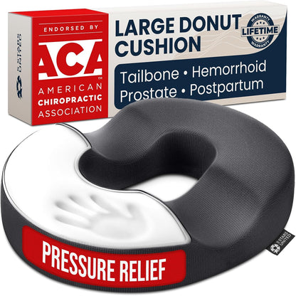 Donut Pillow for Tailbone Pain & Hemorrhoids – Large Memory Foam Seat Cushion for Bed Sore-Prone Areas & Pressure Relief – Prostate, Postpartum & Pregnancy Support, Black Mesh Cover