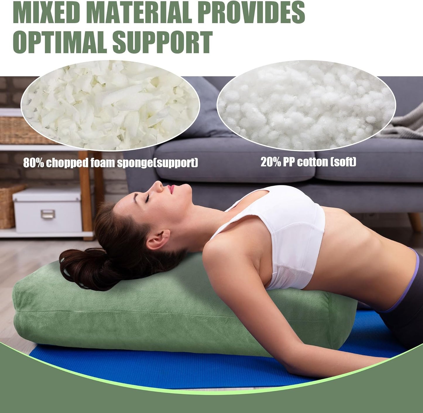 Shredded Foam Yoga Bolster Pillow for Restorative Yoga & Meditation, Versatile Rectangular Yoga Support Pillow Premium Meditation Cushion with Washable Velvet Cover& Carry Handle