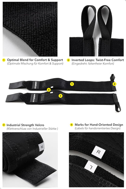 ® Wrist Wraps for Weightlifting (18") Heavy-Duty Support for Gym, Bench Press, and Pushups (1 Pair) - for Men and Women (Black)