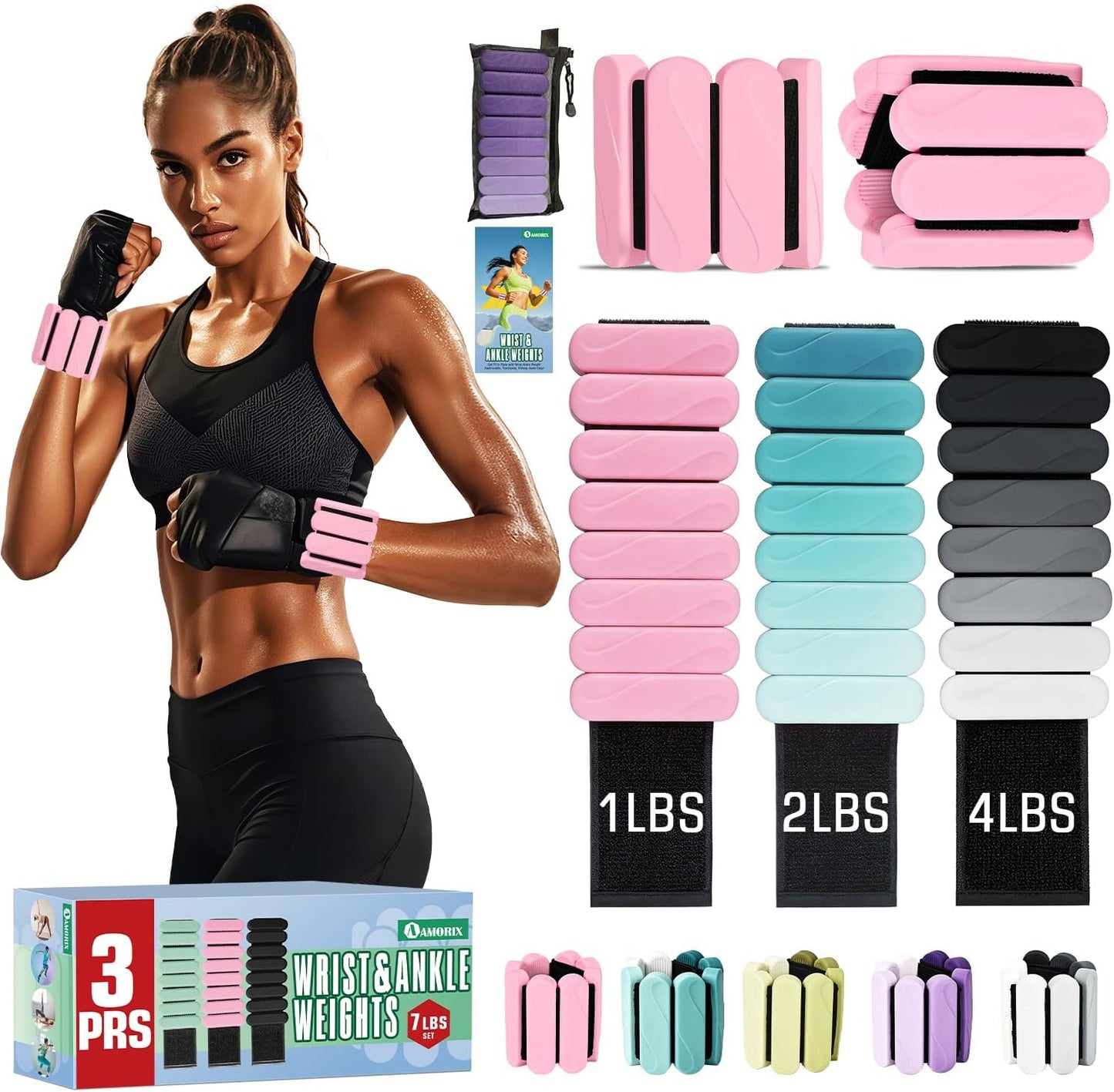 Ankle Weights for Women Men, 3 Pairs Wrist Weights Set for Walking Running, 0.5LB/1LB/2LB Each Side Silicone Workout Weights for Gym Fitness,Jogging,Yoga,Strength Training,Physical Therapy