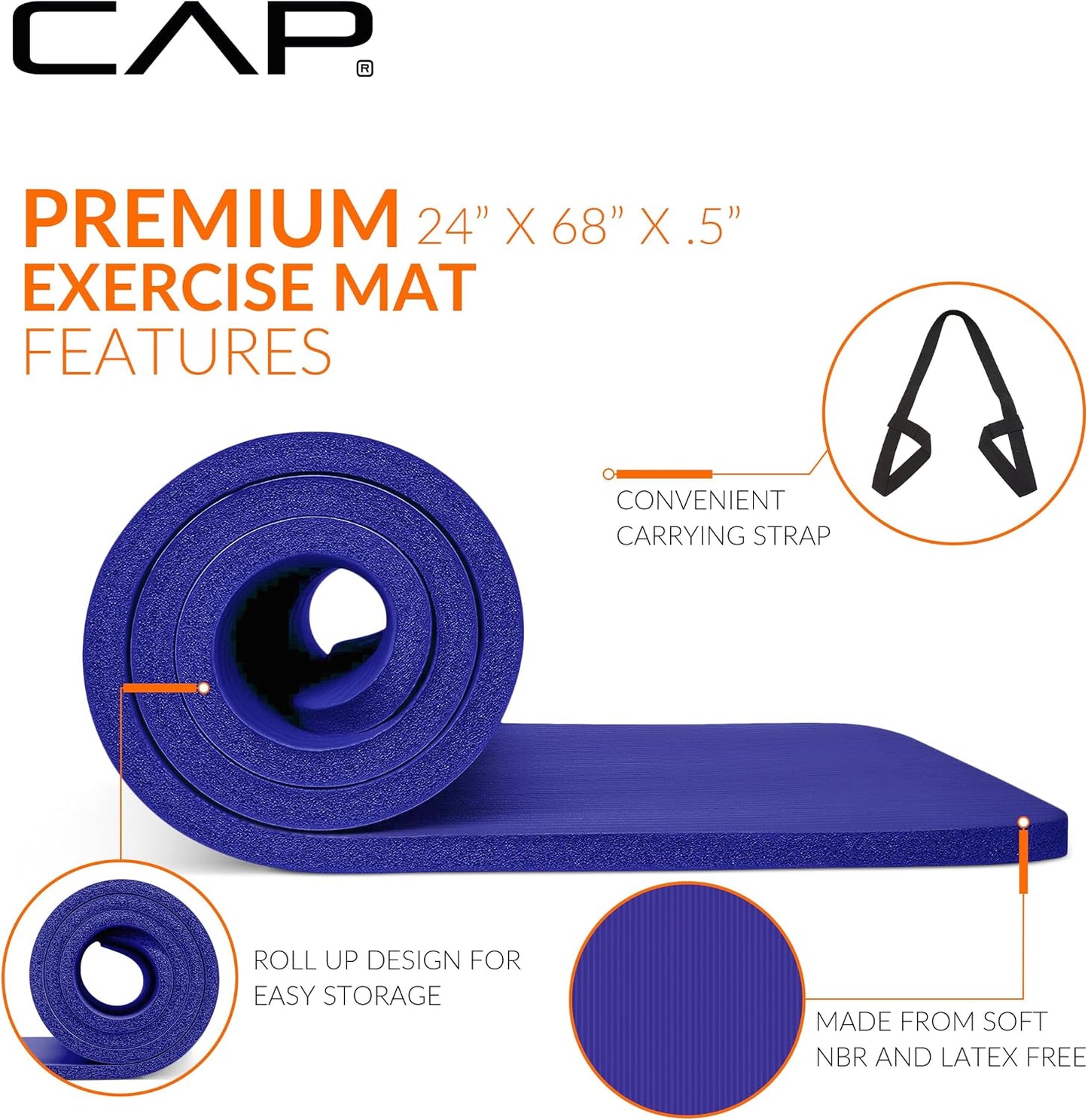 Barbell 1/2-Inch High Density Exercise Yoga Mat with Strap | Multiple Options