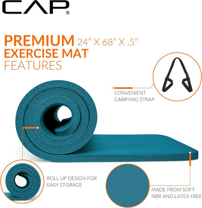 Barbell 1/2-Inch High Density Exercise Yoga Mat with Strap | Multiple Options