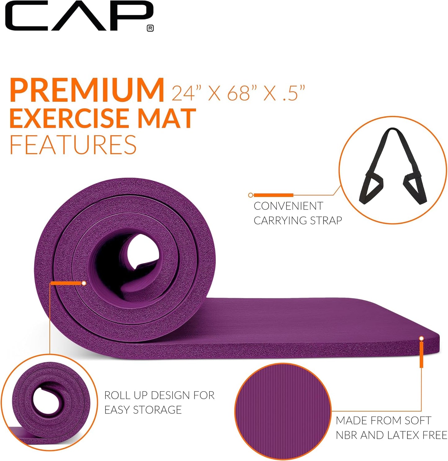 Barbell 1/2-Inch High Density Exercise Yoga Mat with Strap | Multiple Options