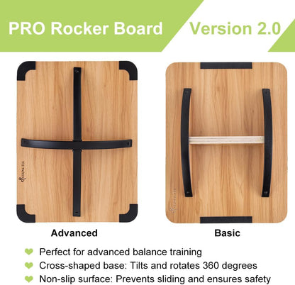 Wooden Balance Board with 2 Difficulty Options, Basic Rocker and Advanced 360° Wobble Board, Non-Slip Balance Trainer for Core Stability, Ankle Rehab, Physical Therapy and Fitness