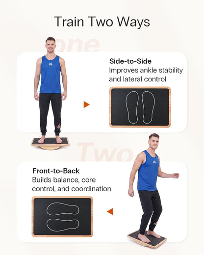 Wooden Balance Board with 2 Difficulty Options, Basic Rocker and Advanced 360° Wobble Board, Non-Slip Balance Trainer for Core Stability, Ankle Rehab, Physical Therapy and Fitness