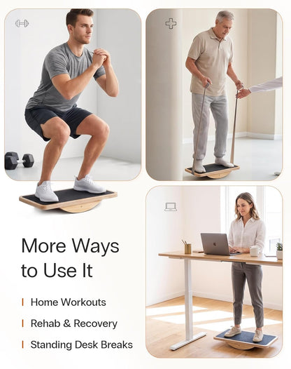 Wooden Balance Board with 2 Difficulty Options, Basic Rocker and Advanced 360° Wobble Board, Non-Slip Balance Trainer for Core Stability, Ankle Rehab, Physical Therapy and Fitness