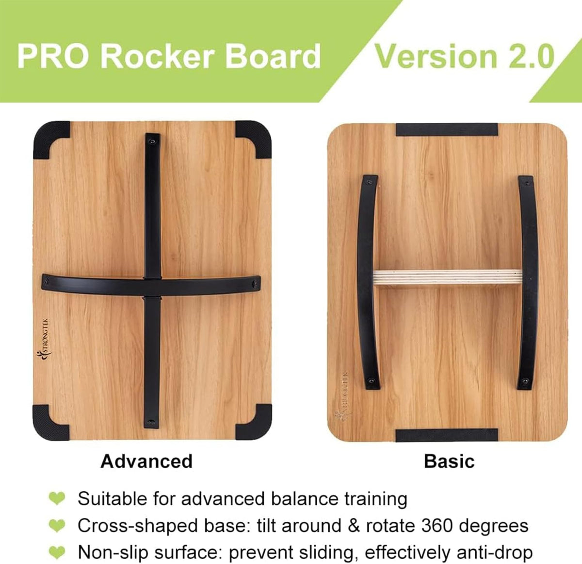 Wooden Balance Board with 2 Difficulty Options, Basic Rocker and Advanced 360° Wobble Board, Non-Slip Balance Trainer for Core Stability, Ankle Rehab, Physical Therapy and Fitness